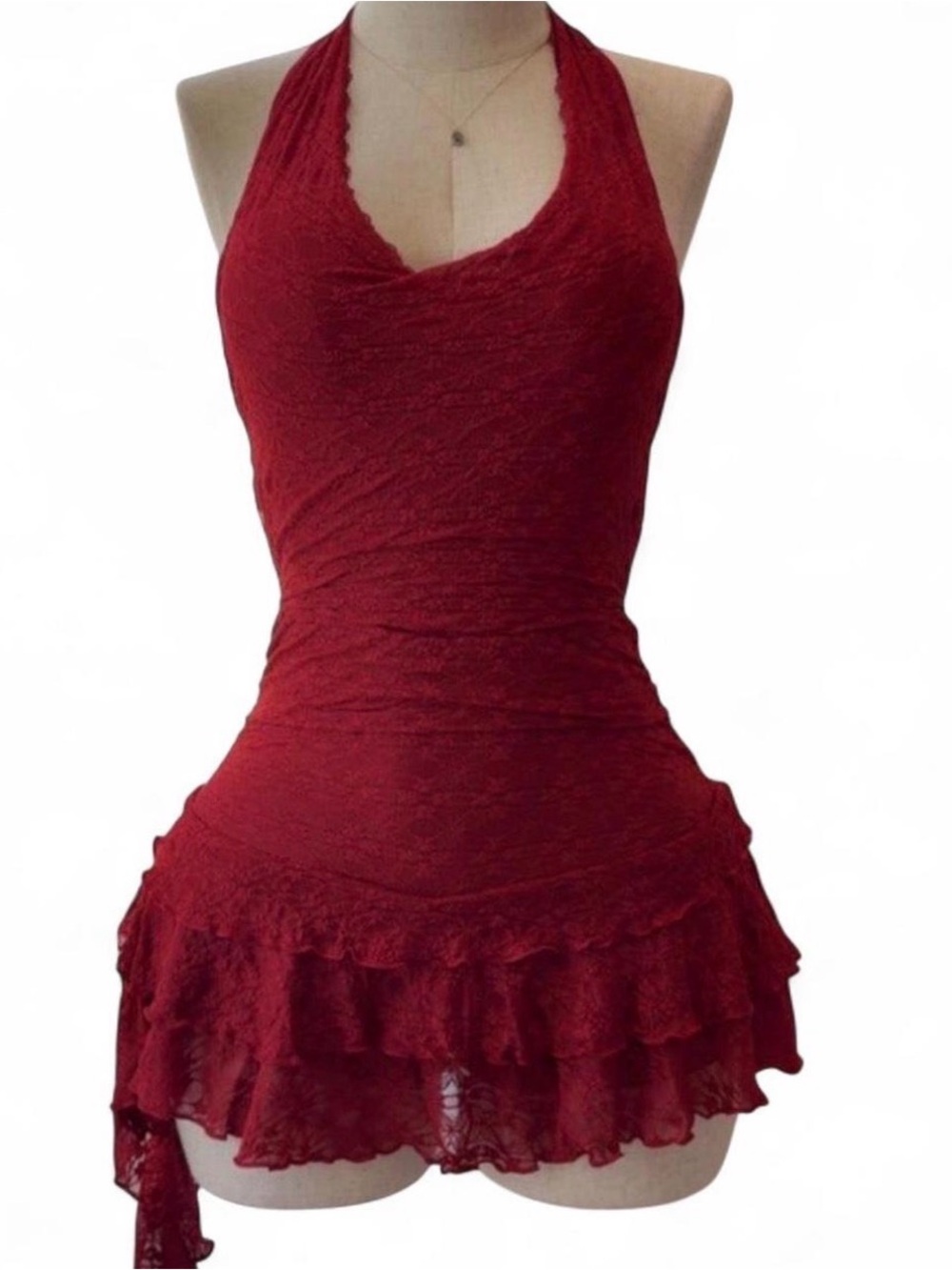Red Lace Halter Mini Dress with Ruffle Hem - Picture 6 of 7